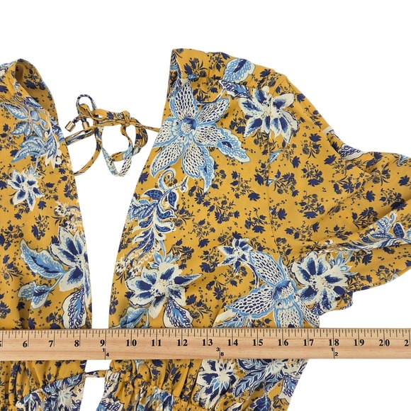 Free People Soli Plunge Neck Yellow Floral Long Sleeve Mini Dress Pockets Size L - Picture 4 of 12